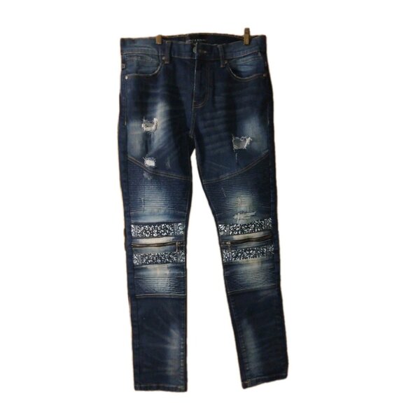 Supply & Demand Moto Jeans Mens 34X33 Blue Skinny Stretch Distressed Streetwear - Picture 2 of 9